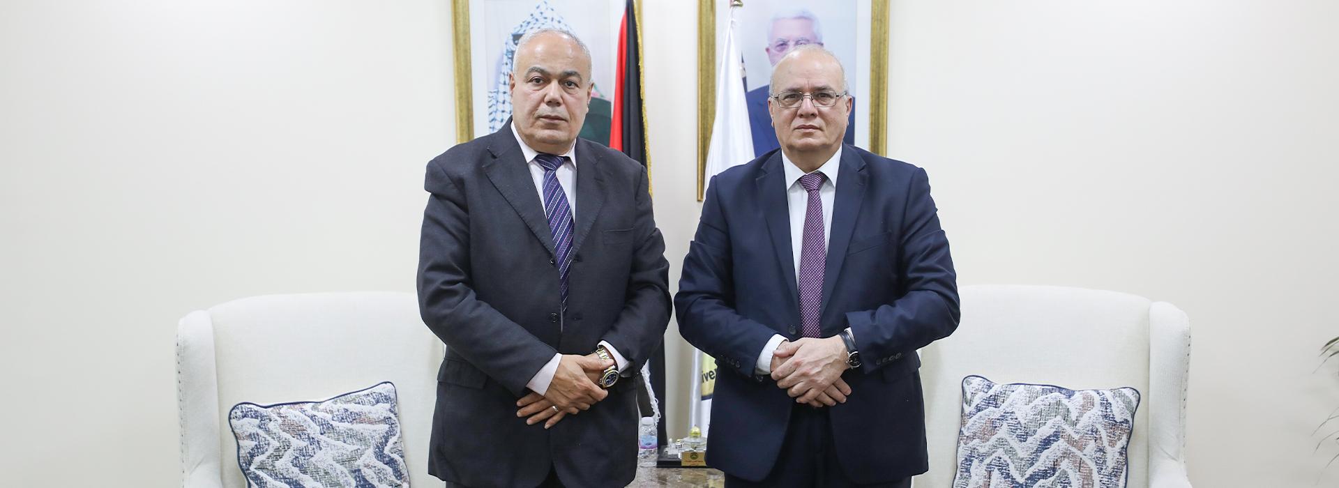 Prof. Ibrahim Al-Shaer, President of QOU and Prof. Dirar Aliyan, President of Nablus University for Vocational and Technical Education, discuss academic cooperation